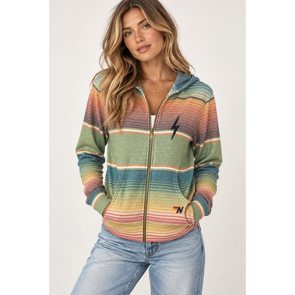 Aviator Nation Serape Stripe Lightning Bolt Zip Hoodie Multi Color Medium